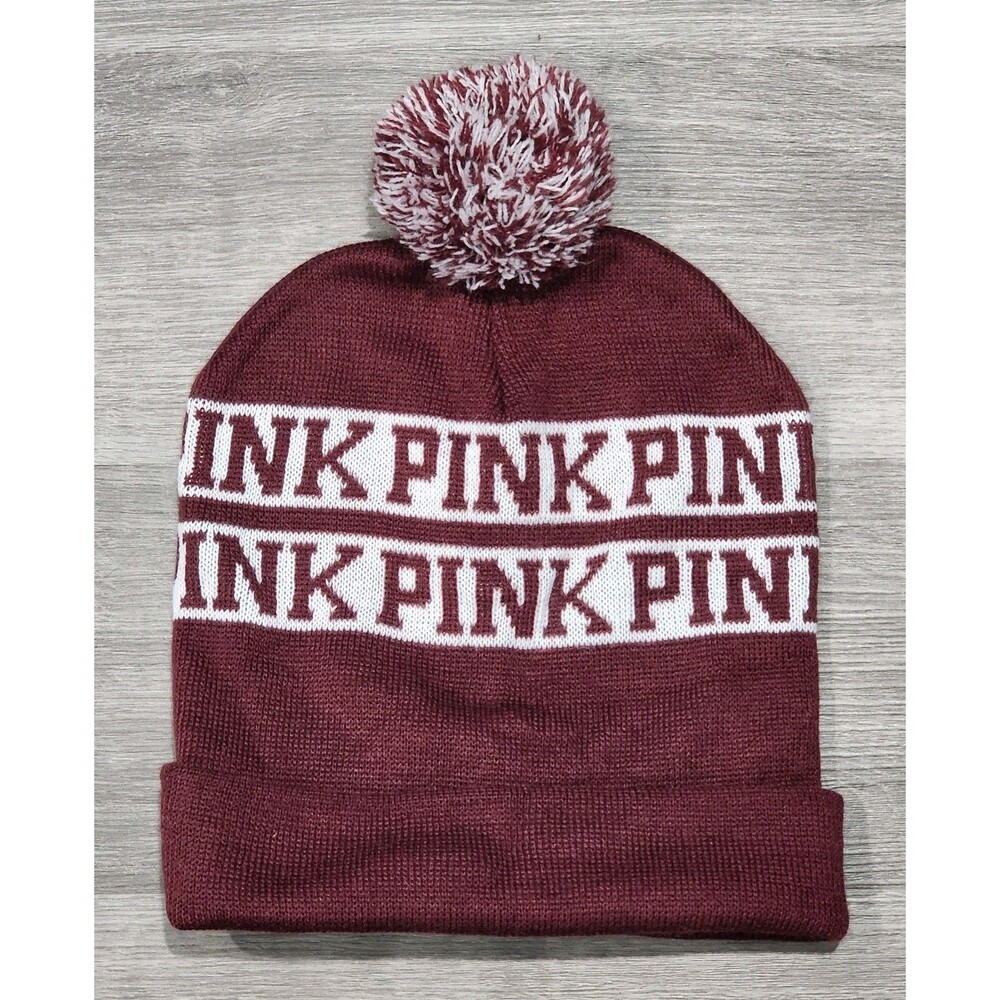 Pink Victoria Secret Womens Beanie Pom Pom Cap Ski Striped Yoga Hat Maroon